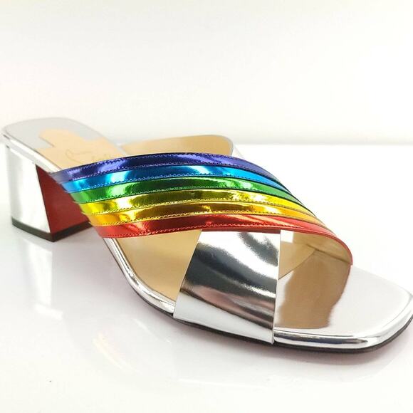 Christian Louboutin Arkenmule 55 Silver Rainbow Slide Sandal SZ 38.5 NIB